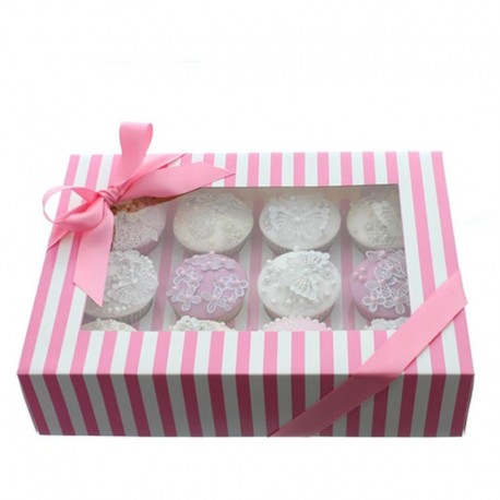 PINK & WHITE STRIPE Cupcake Box with PVC Window (holds 12