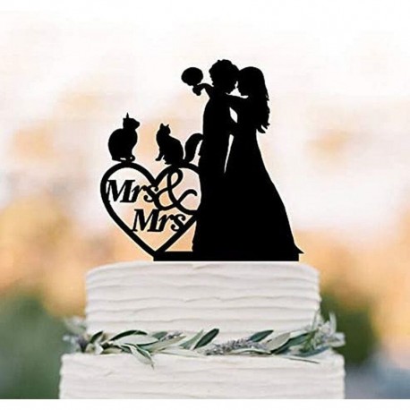 Mrs Mrs Wedding Cake Topper with Cat Blk