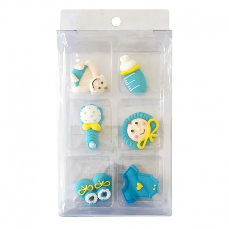 Cake Craft Christening Baby Sugar Decorations - Blue 6 piece pack