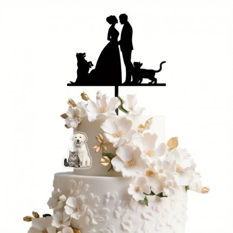 Wedding Cake Topper Couple with Cat & Dog Black Unbranded,Cooks