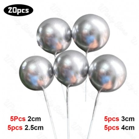 Ball Cake Toppers Asstd Sz 20pc Silver