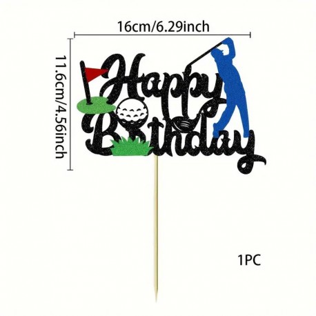 Cake Topper Happy Bday Golf Blk Glitter