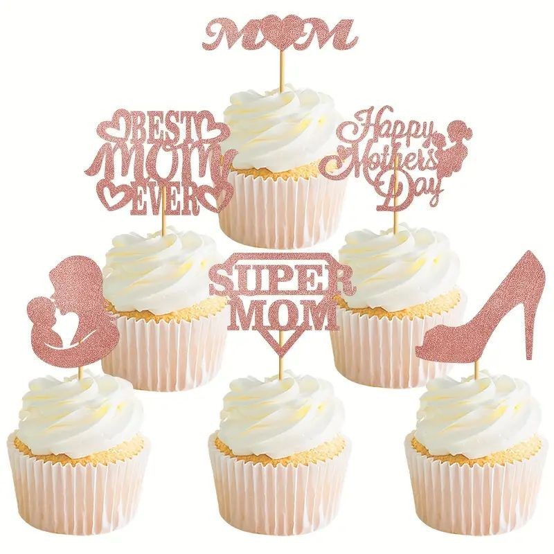 Cupcake Toppers Mothers Day Pink Glitter 12pc Unbranded - 1