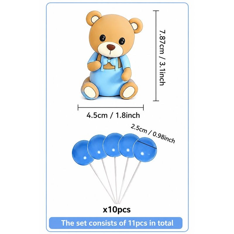 Blue Teddy Bear Cake Topper Set – 11 Piece