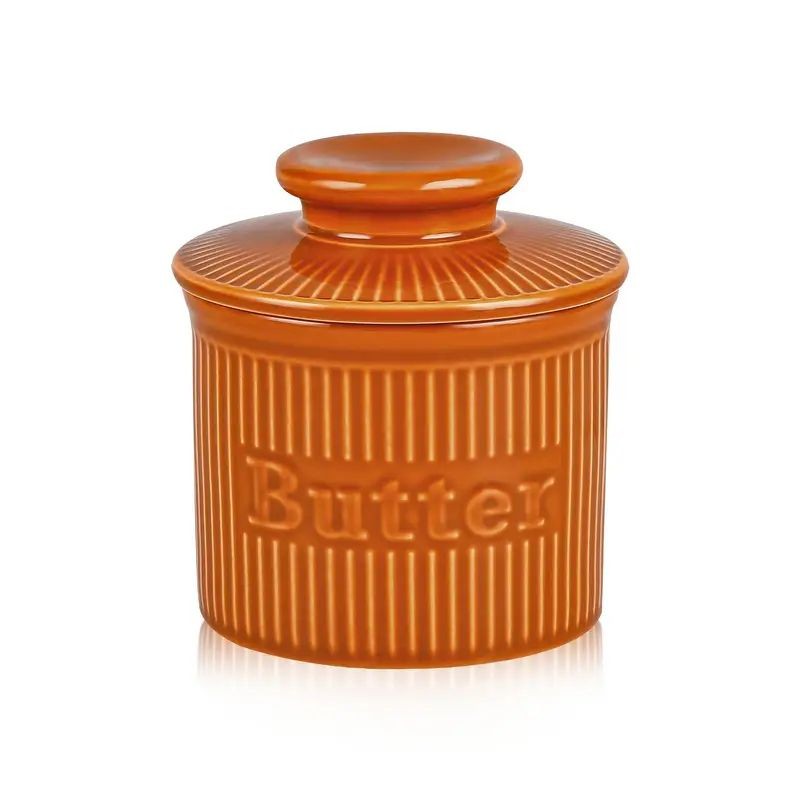 Ceramic Butter Bell Crock with Lid- Ribbed Orange