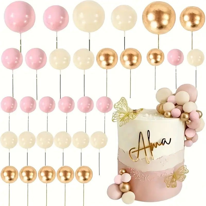 Cake Topper Balls 32pc Gold Beige Pink
