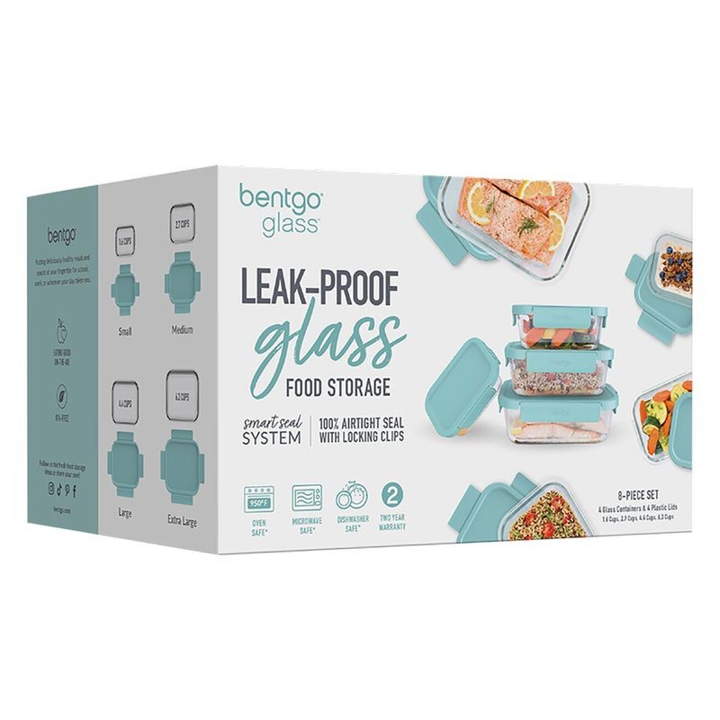 Bentgo Rectangle Glass Food Storage Set - Soft Aqua - 8 pieces
