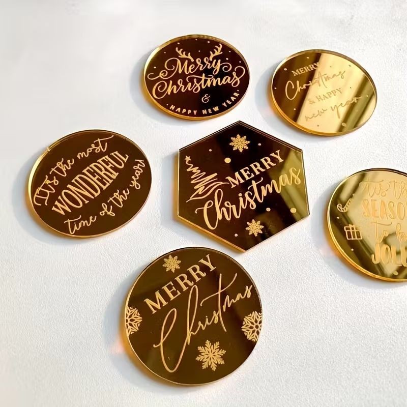 Acrylic Topper Round Merry Christmas & Happy New Year - Gold 1pc