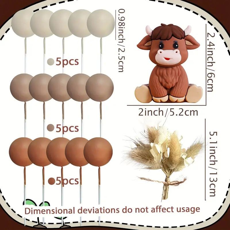 cake-topper-highland-cow-with-balls-pampass-grass-17pc