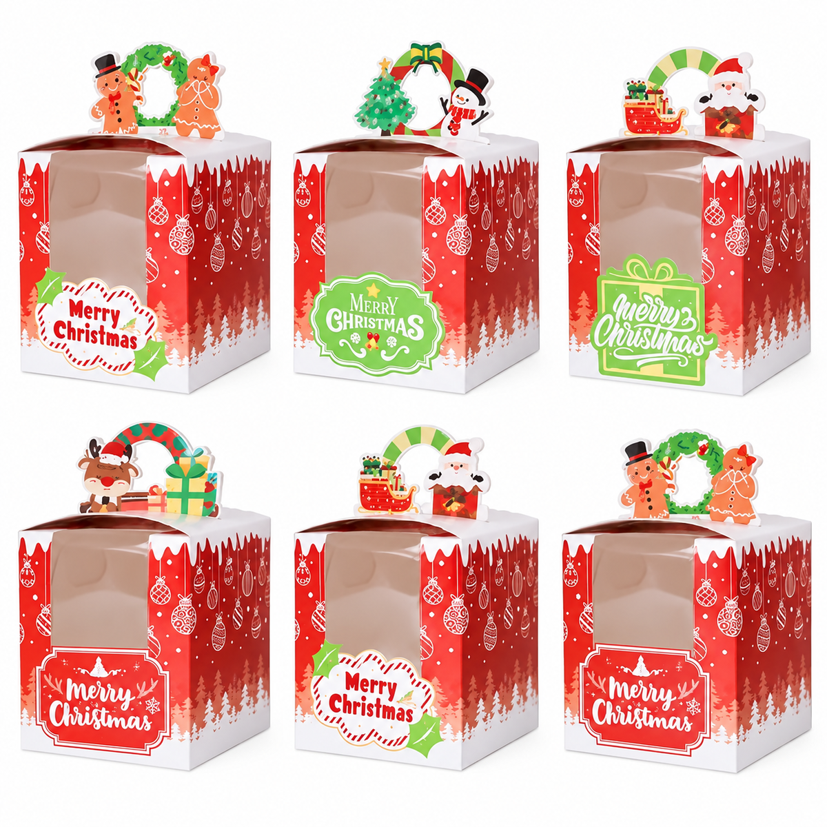 Christmas Cupcake Box - 1 Hole with Handle 6 Pack