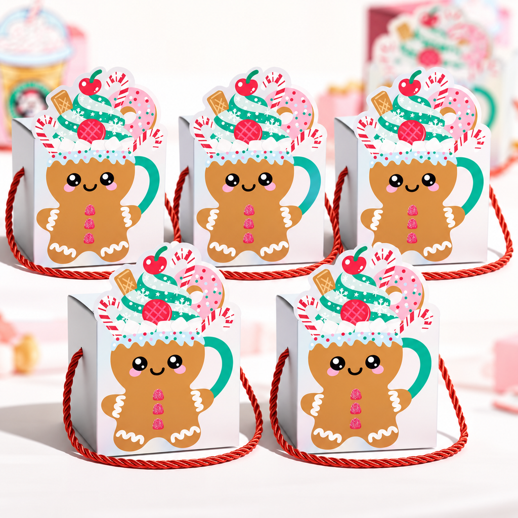 Cute Gingerbread Man Treat Box with rope handle 5 Pack