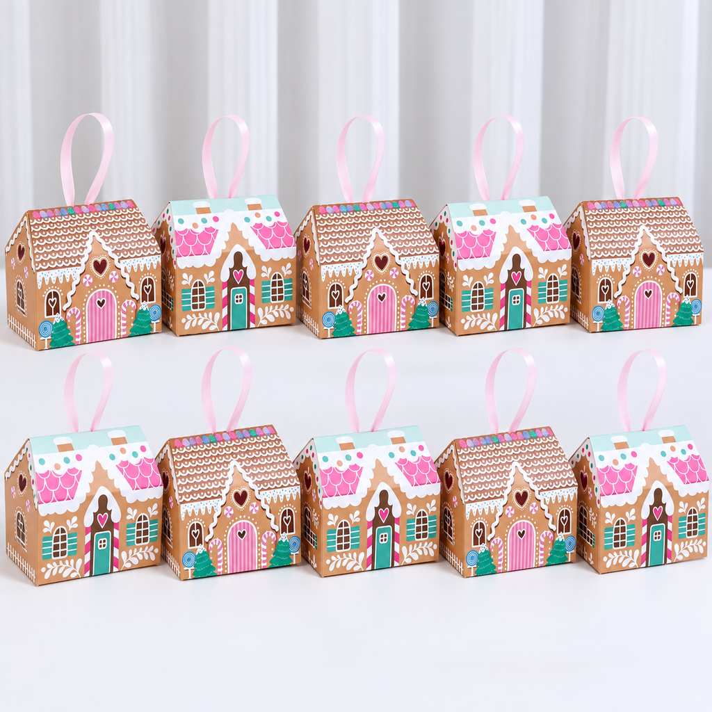 Gingerbread House Treat Box Pink Tones 13x7x10.5cm 10 Pack
