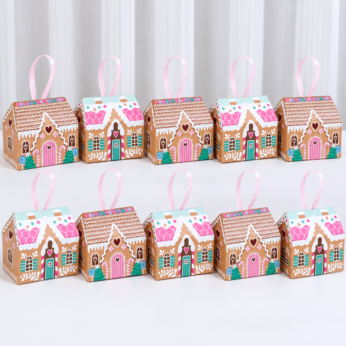 Gingerbread House Treat Box Pink Tones 13x7x10.5cm 10 Pack