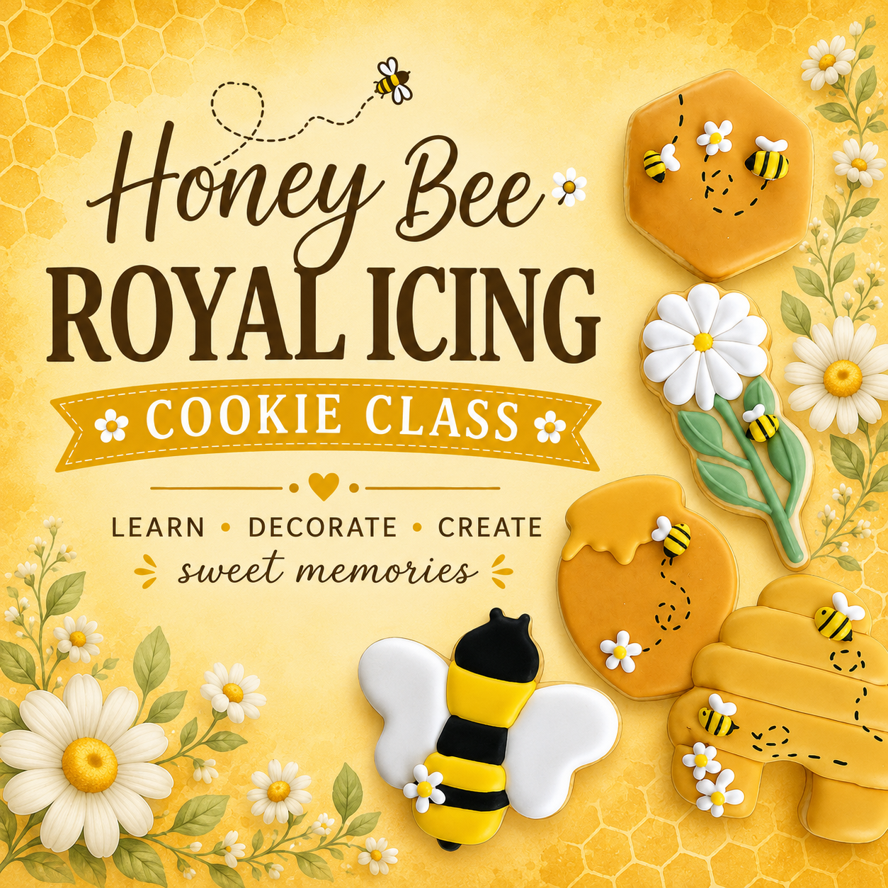 Honey Bee Royal Icing Cookie Class (5 Cookies)