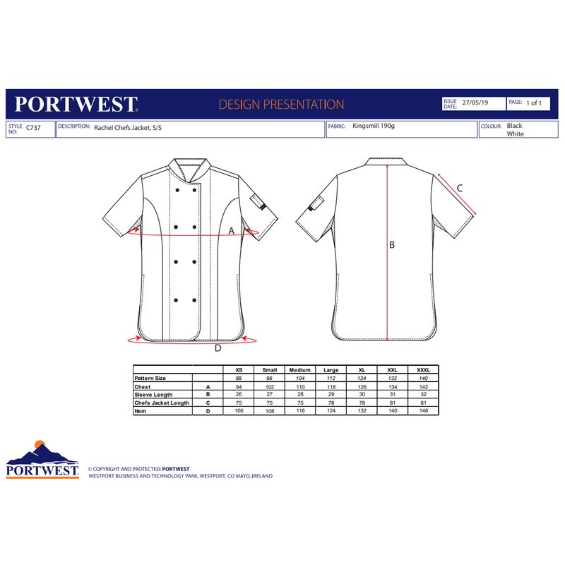 Portwest Rachel Ladies Chefs Jacket Short Sleeve - C737