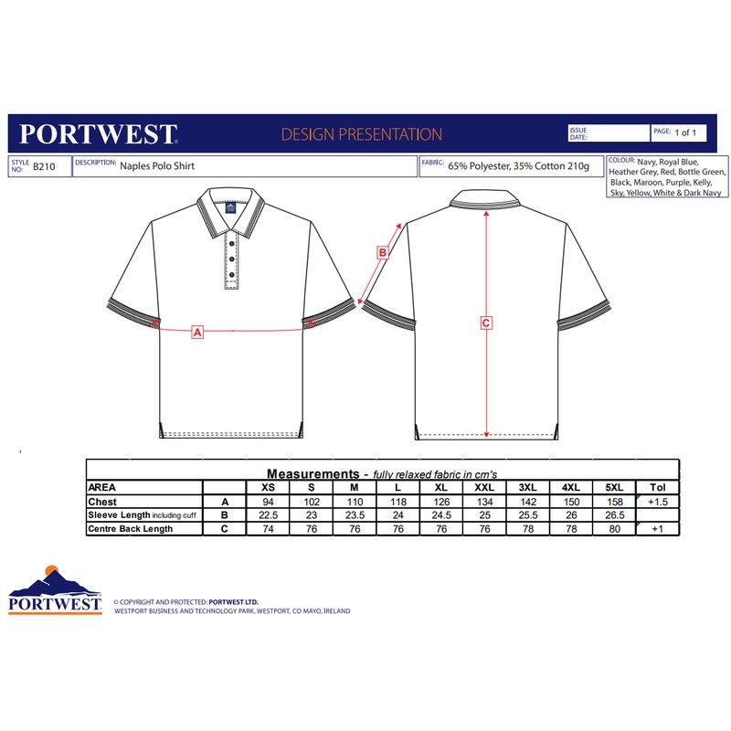 Portwest Naples Short Sleeve Polo Shirt B210