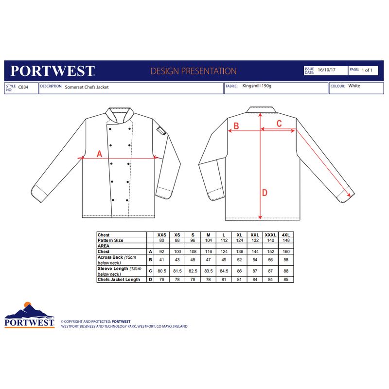Portwest Chef's Somerset Long Sleeve Jacket C834
